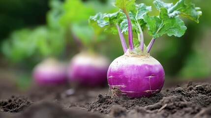 A turnip top with purple stem growing from moist soil in a designer planter.