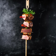 metal skewer on which meat is threaded, black background, a lot of empty space around