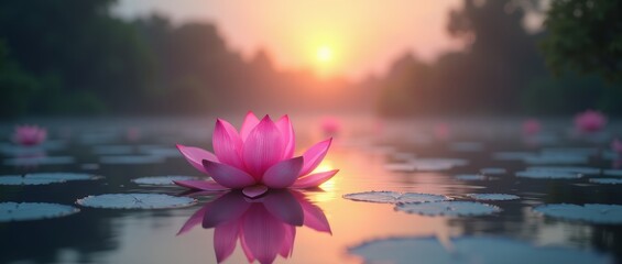 Pink lotus flower floating on a lake at sunrise