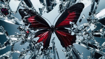 Butterfly emerging from shattered glass