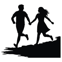 couple Run Along the Shoreline. Lovers Day, love affection Silhouette. vector illustration 