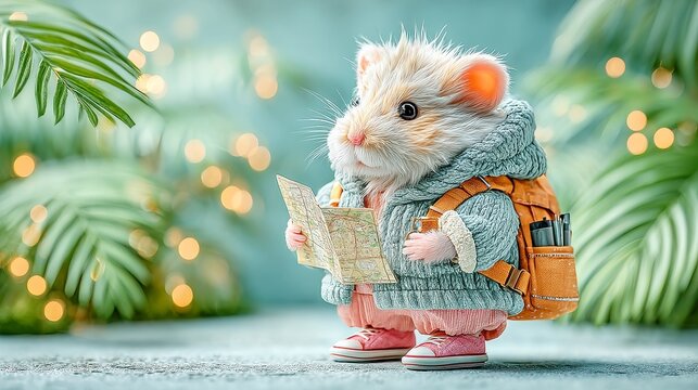 Adventurous Hamster Ready for Exploration, a small hamster equipped with a tiny backpack and map, poised to navigate the vast jungle of a living room filled with obstacles.