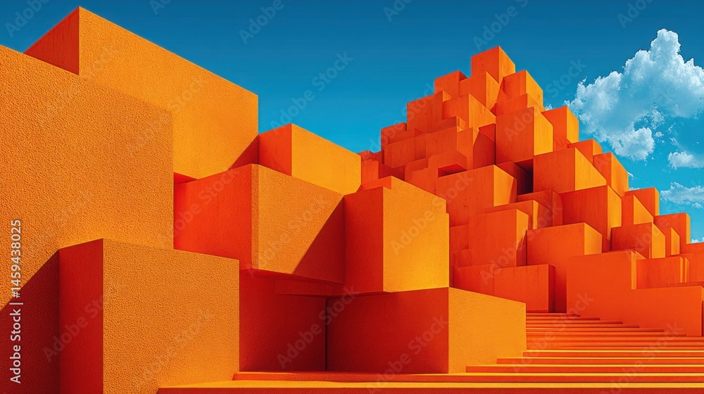 Poster contemporary building constructed from orange blocks representing modern architecture and creative d