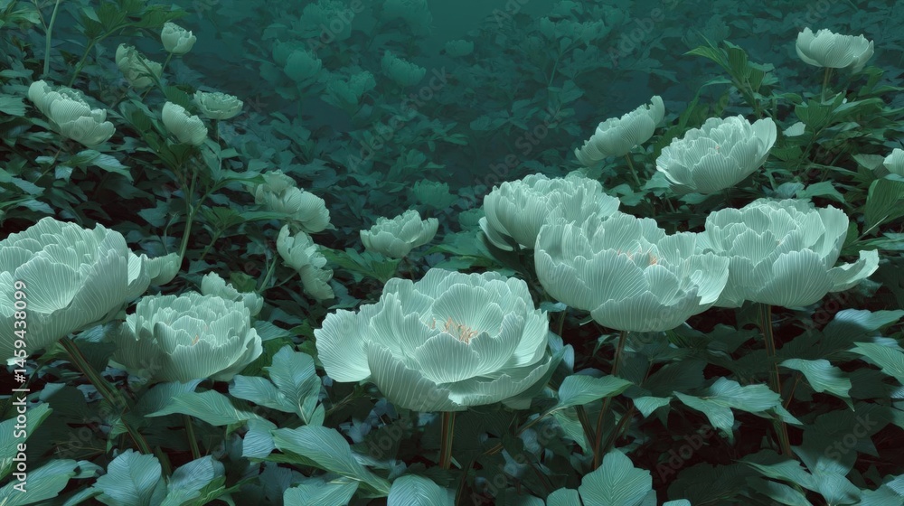 Poster digital illustration of a group of white flowers in a field. the flowers are large and have multiple