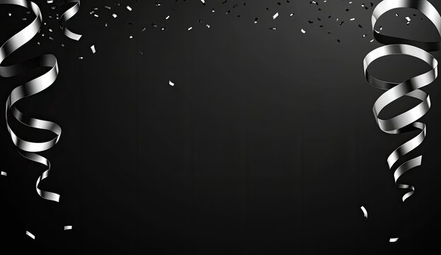 Silver streamers, confetti on black