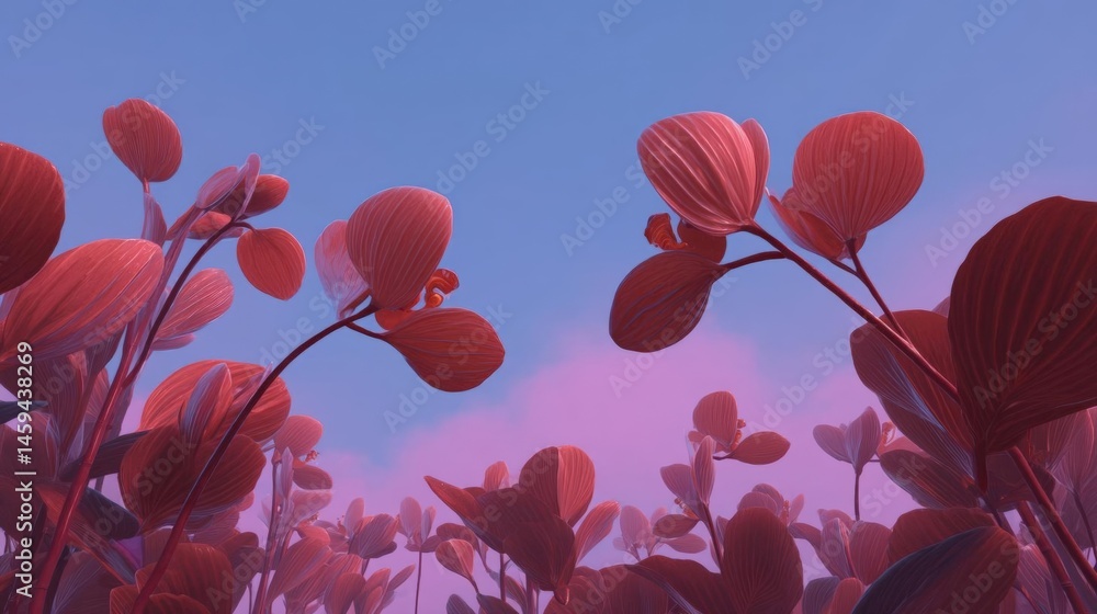 Poster digital illustration of a group of red leaves against a blue sky. the leaves are arranged in a way t