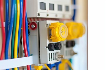 Electrical control panel with colorful wiring and connectors.