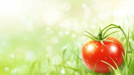 A whole cherry tomato on a spring green background, vibrant and juicy.