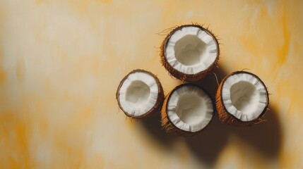 A whole coconut on a sand-colored background evokes beach and vacation imagery.