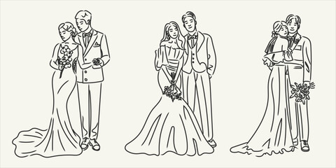 Set of minimalist line drawing wedding couple groom and bride in elegant poses. Whimsical ink sketch wedding ceremony marriage people. Perfect for invitations, greeting cards, romantic wall print