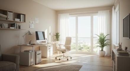 Modern Home Office Workspace Design - Bright, airy home office with a minimalist desk, comfortable chair, and large windows offering natural light. Ideal for productivity and creativity