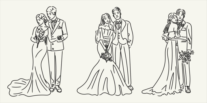Set of minimalist line drawing wedding couple groom and bride in elegant poses. Whimsical ink sketch wedding ceremony marriage people. Perfect for invitations, greeting cards, romantic wall print