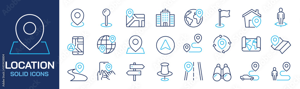Poster set of collection line icons related location, navigation, map, gps. editable stroke. perfect pixel 