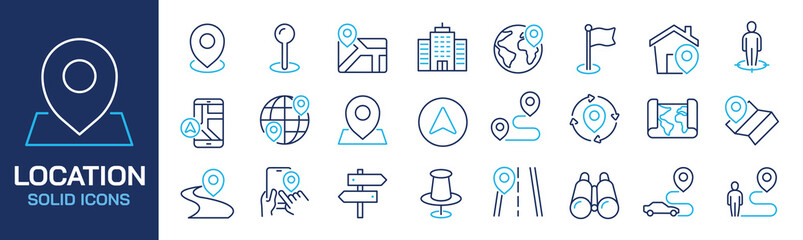 Set of collection line icons related location, navigation, map, GPS. Editable stroke. Perfect pixel on transparent background