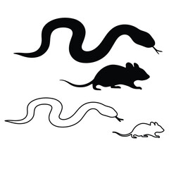 Snake and Rat Silhouettes. black and outlined animals. vector illustration 