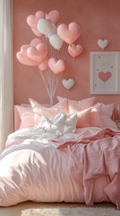 A bedroom with a pink bedspread and pink pillows