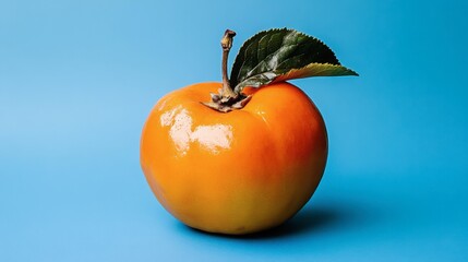 A whole persimmon resting on a cobalt blue background, rich and festive.