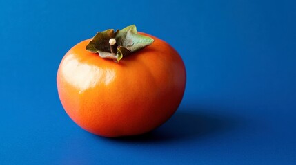 A whole persimmon resting on a cobalt blue background, rich and festive.