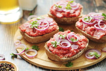Traditional German sandwiches with minced meat Mettbroetchen	
