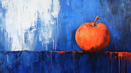 A whole persimmon resting on a cobalt blue background, rich and festive.