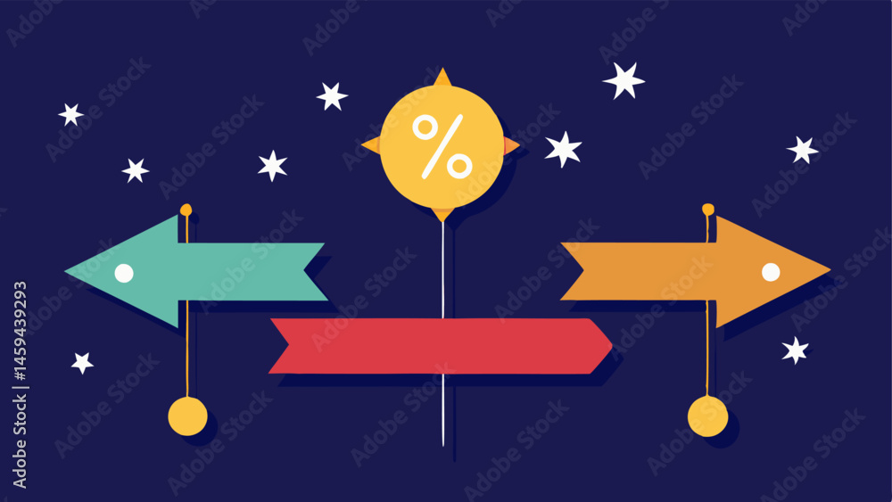 Poster split arrow with twinkling stars a split arrow pointing toward two different discount signs surround