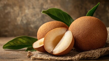 A whole sapodilla fruit on a sand tone background, warm and rustic.