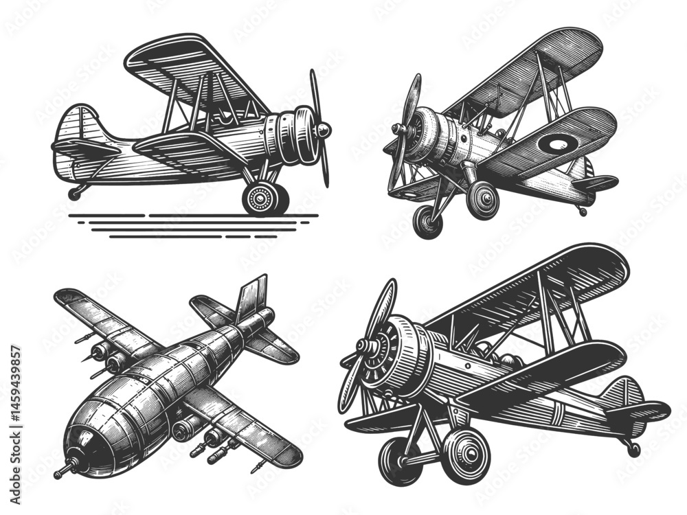 Poster airplanes set collection bundle sketch engraving generative ai vector illustration. scratch board im