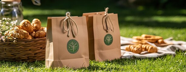 Two brown paper bags with green tags on them sit on a grassy lawn next to a bask