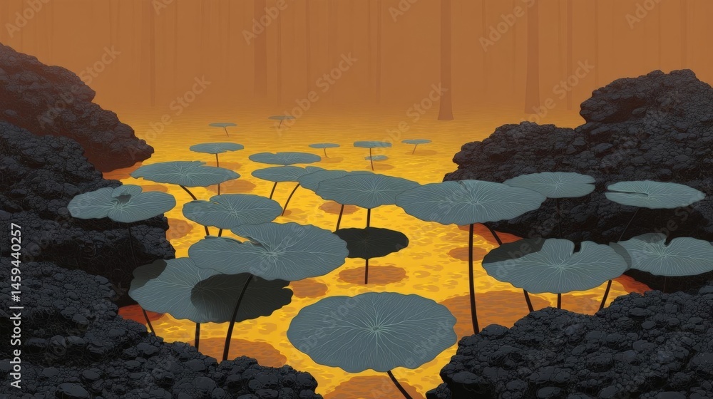 Poster illustration of a group of large, dark-colored lotus leaves floating on top of a body of water. the 