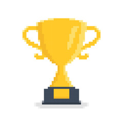 Pixel art illustration of a golden trophy with two handles and a black base, symbolizing victory or achievement, isolated on a white background.