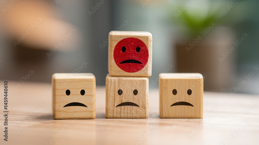 Poster sad face depicted on a block of wood demonstrating the visual representation of emotions and audienc
