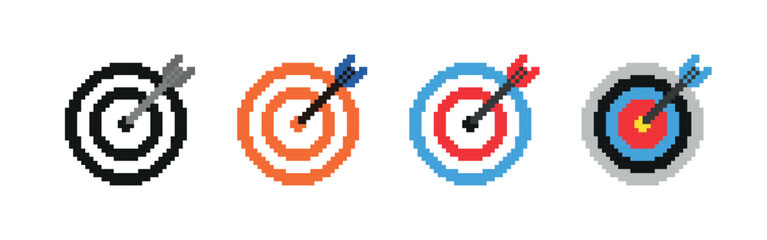 Pixel art illustration of four colorful target boards with arrows hitting the bullseye, symbolizing accuracy and success.