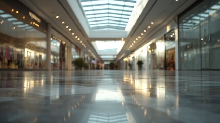 Fototapeta premium Empty shopping mall corridor with modern design, bathed in soft natural light. Minimalist urban space evoking tranquility and solitude. 