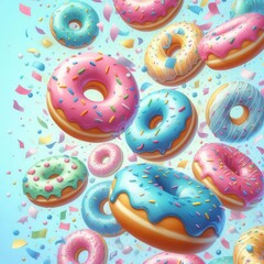 Colorful glazed donuts with sprinkles floating in air with confetti on pastel background, 3D illustration