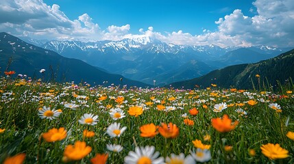 Fototapeta premium Vibrant wildflower field with white daisies and orange blooms against snow-capped mountain range