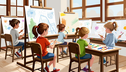 Obraz premium Kids_Art_Class_Illustration_Children_Painting_Creativity_and_Learning_in_a_Bright_Classroom_Inspiring_Young_Artists_Colorful_Artwork_and_Educational_Fun