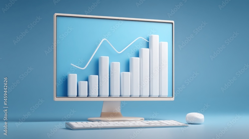 Poster a computer displaying a graph representing automated financial insight generator icon concept and da