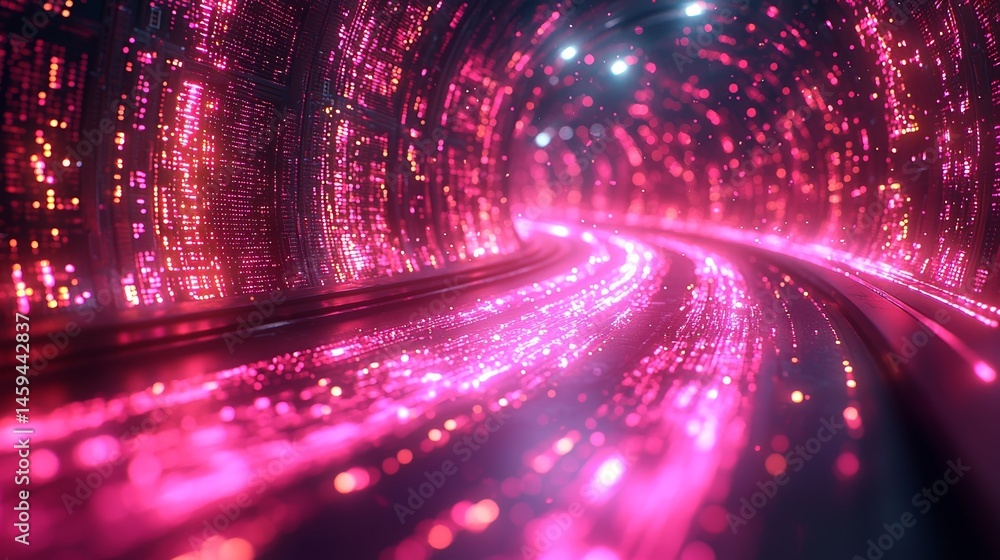 Poster blue and purple led lights glow between the high-speed computing servers in the corridor of a data s