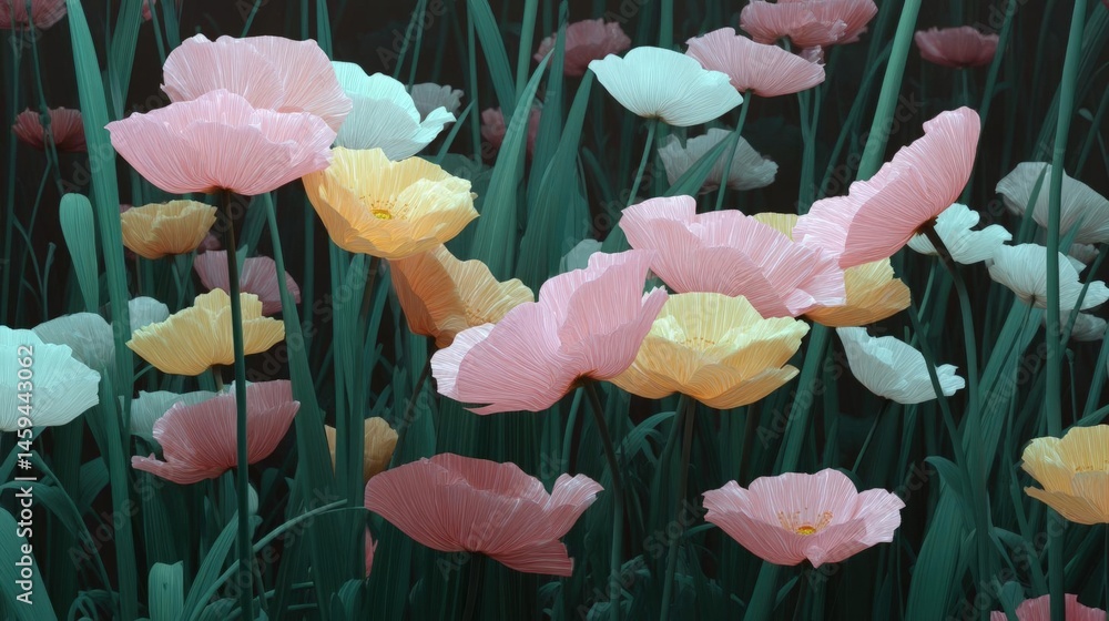 Poster close-up of a group of pink and yellow poppies in full bloom. the flowers are arranged in a cluster,