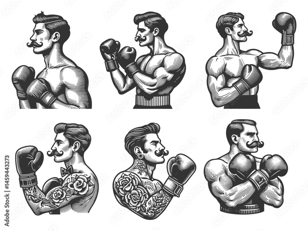 Poster boxers with mustaches and gloves set collection bundle sketch engraving generative ai vector illustr