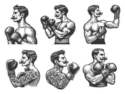 boxers with mustaches and gloves Set collection bundle sketch engraving generative ai vector illustration. Scratch board imitation. Black and white image.