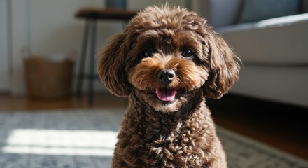 Adorable brown poodle puppy sweet face happy dog pet animal friend furry companion home  loving