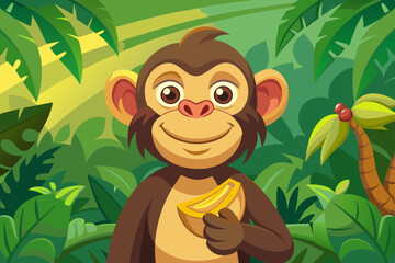 Adorable Cartoon Chimpanzee Eating a Banana in Lush Jungle