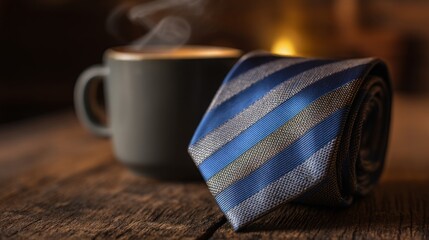 A blue striped necktie beside a coffee mug on a wooden table - A quiet Father's Day morning with timeless elegance
