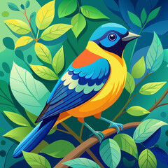 Vibrant Yellow and Blue Bird Perched on Branch Amid Lush Green Foliage