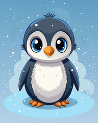 Adorable Cartoon Penguin in Snowy Winter Scene