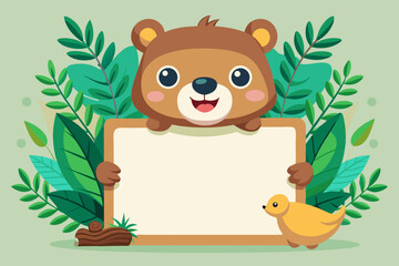 Adorable Cartoon Bear Holding Blank Sign Surrounded by Lush Greenery