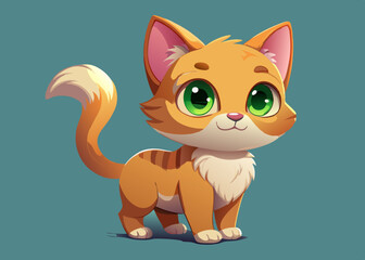 Adorable Orange Kitten with Big Green Eyes Cartoon Illustration