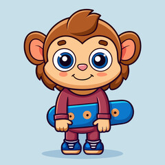 Adorable Cartoon Monkey Holding Skateboard