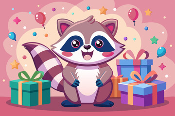 Adorable Raccoon Celebrating Birthday with Gifts and Balloons